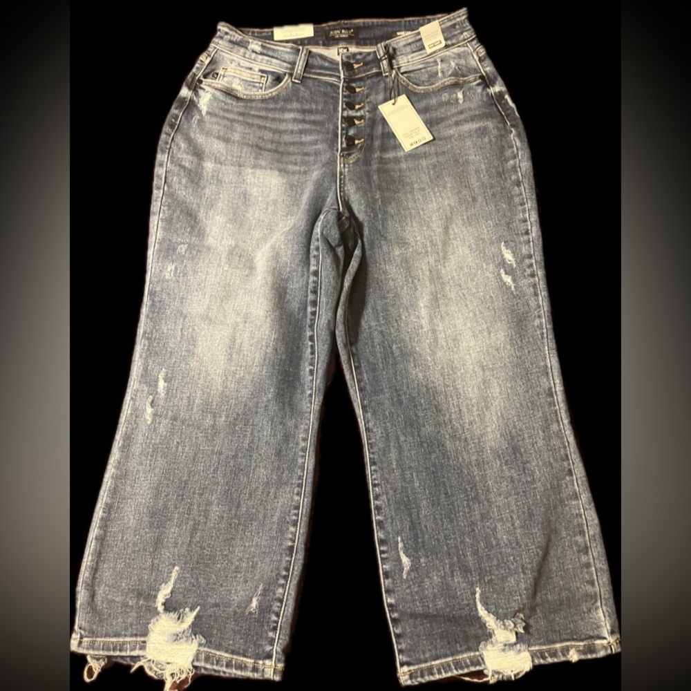 Judy Blue size 14W NWT wide leg cropped distressed button fly jeans